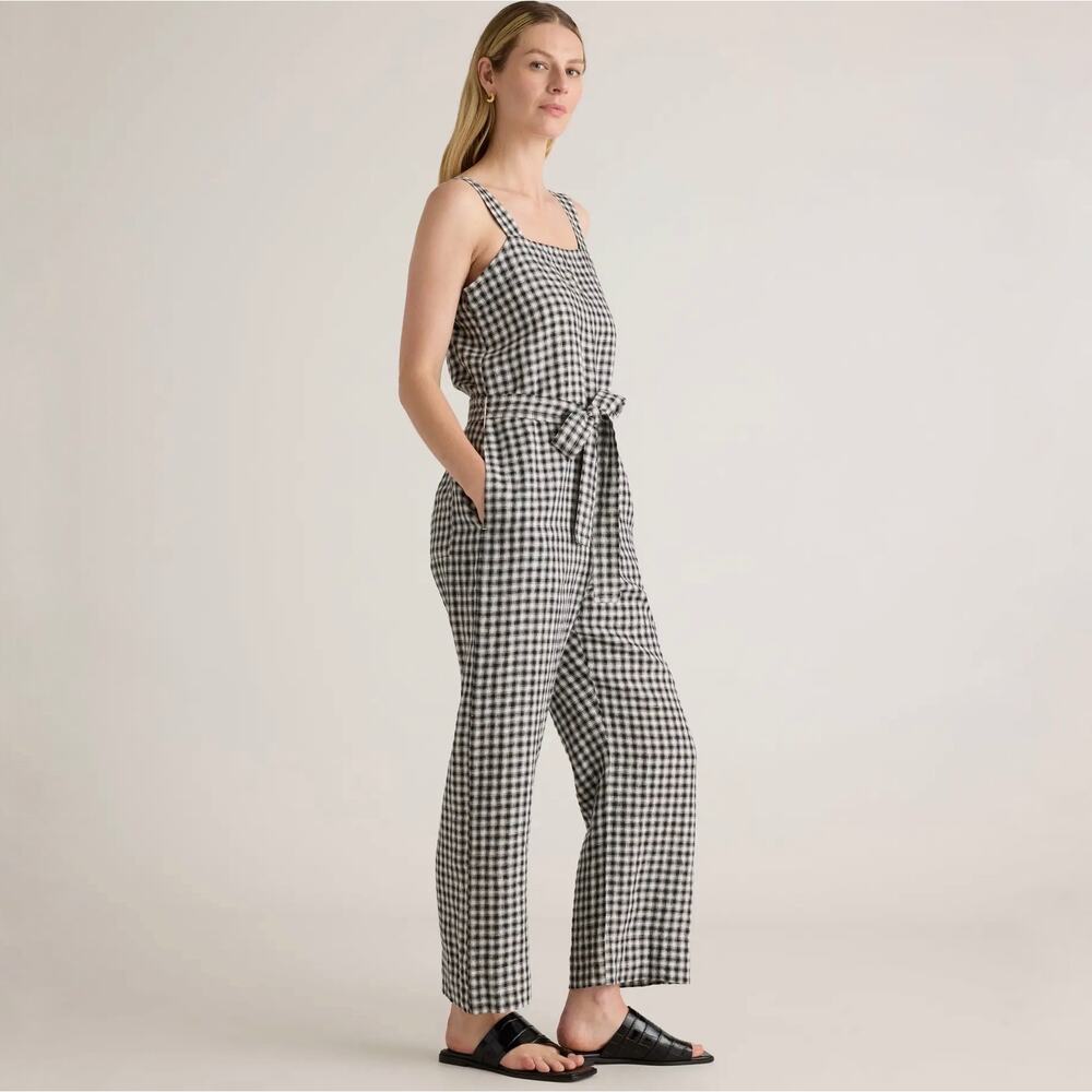 Quince European Linen Square Neck Jumpsuit in‎ Khaki/Black Gingham Medium NWT - Picture 16 of 16